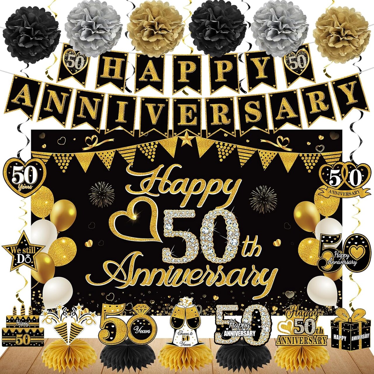 Happy 50th Anniversary Decorations Kit, Black Gold 50th Wedding Anniversary (Black Gold)